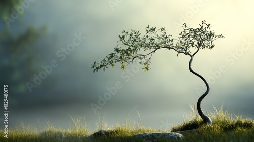 Serene Morning Tree - Tranquility, solitude, nature, resilience, hope. A single tree stands in morning mist.