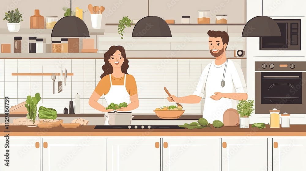 Happy couple cooking together in a modern kitchen. Happy couple cooking together in a modern kitchen.