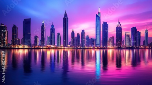 Vibrant city skyline at sunset reflected in calm water.