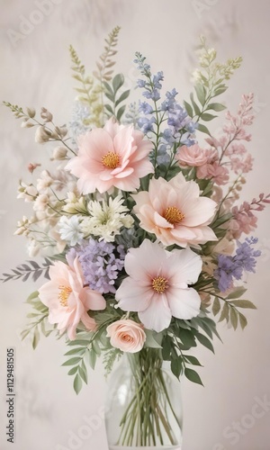 Delicate watercolor floral bouquet in soft pastel hues, delicate, soft, flowers, painting, art