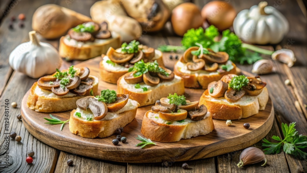 Mushroom and Garlic Crostini on Light Wooden Table Mushroom and Garlic Crostini on Light Wooden Table