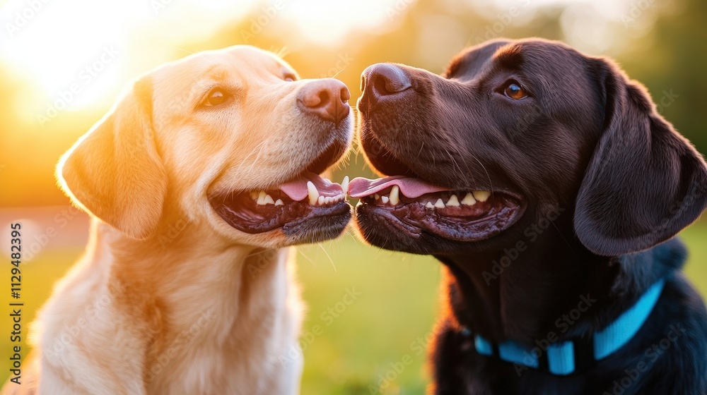 Two joyful dogs, one yellow and one black, share a tender moment in a sunlit park, exuding happiness and friendship that warms the heart and captures true companionship. Two joyful dogs, one yellow and one black, share a tender moment in a sunlit park, exuding happiness and friendship that warms the heart and captures true companionship.