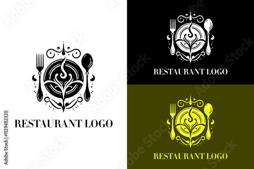 fork, spoon, plate, bowl, fine art, silhouette, luxury, fine dining, restaurant logo, food logo, hotel, motel, circle, vector graphics, illustration