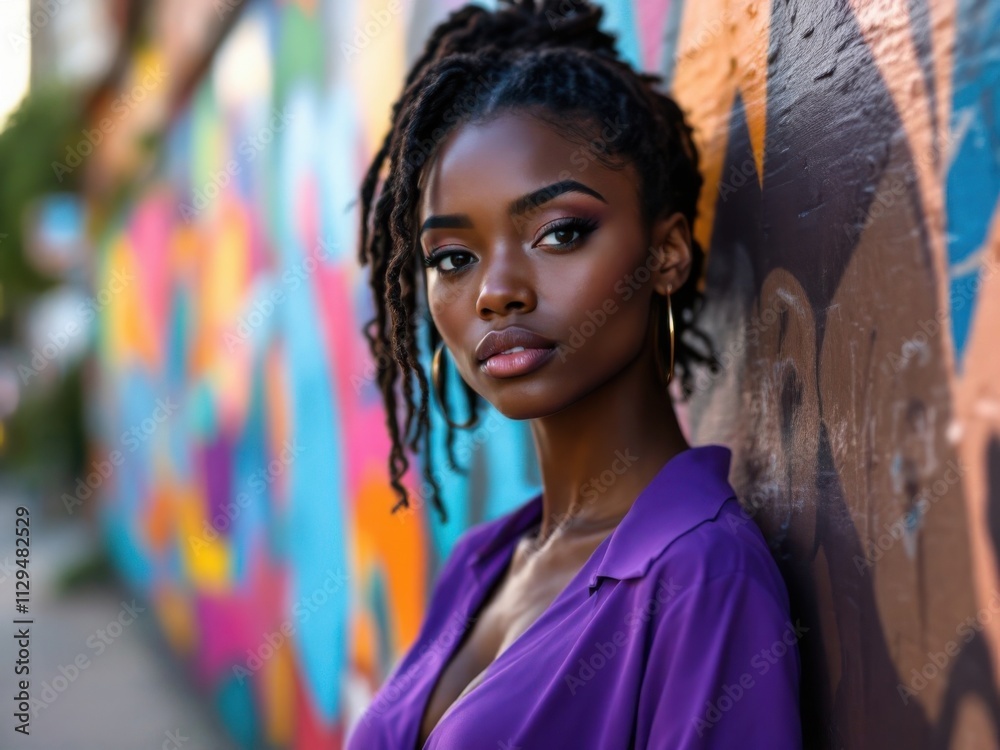 Portrait of a Black Woman with Locs Against Graffiti Wall Portrait of a Black Woman with Locs Against Graffiti Wall