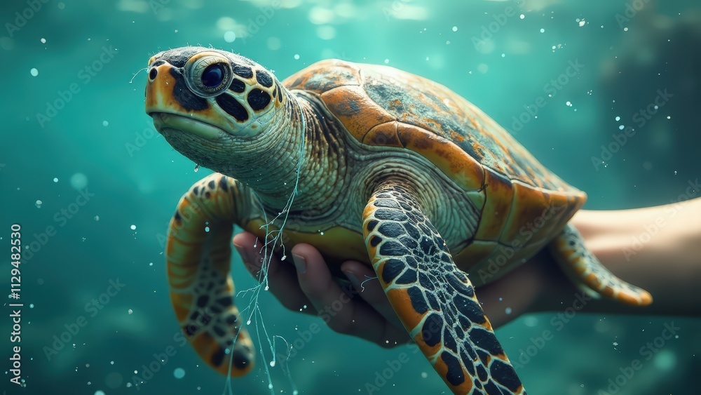 Fototapeta premium Sea turtle entangled in plastic fishing nets, contrasting the beauty of the creature with the harsh reality of plastic pollution.