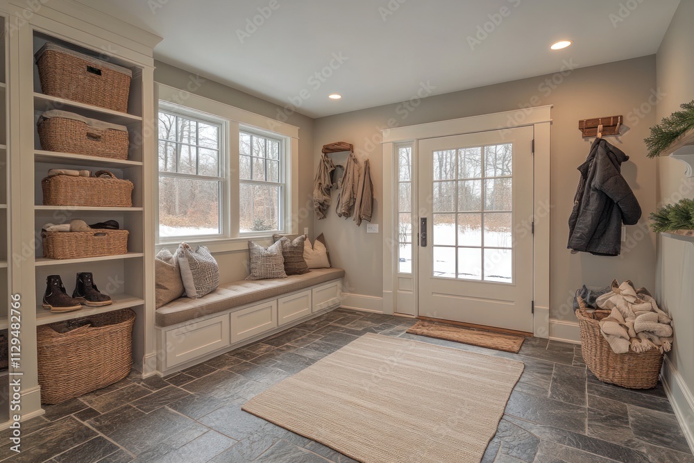 Fototapeta premium Mudroom showcases functional storage solutions and a cozy bench, illuminated by natural light from large windows