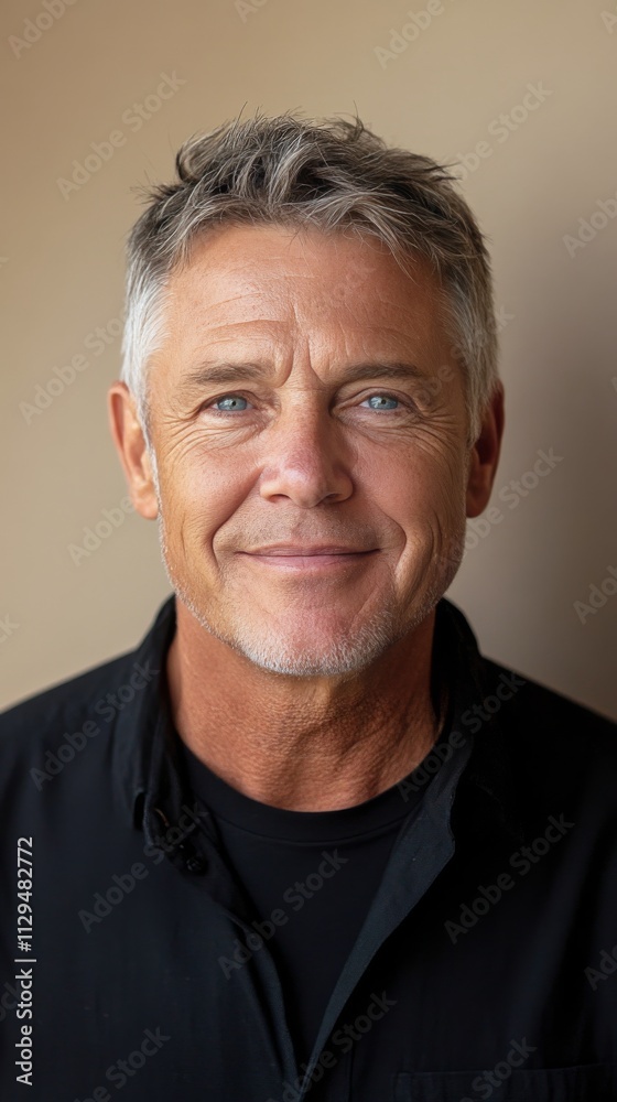 Obraz premium Man with gray hair and blue eyes smiles warmly while wearing a black shirt