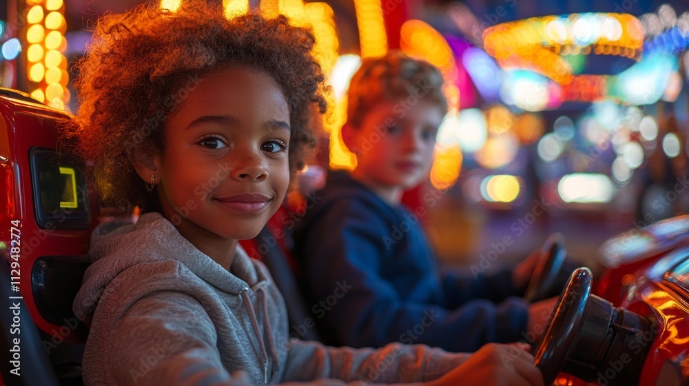 Under the glow of colorful lights, a young African-American girl smiles with delight while sitting in a carnival ride alongside a friend