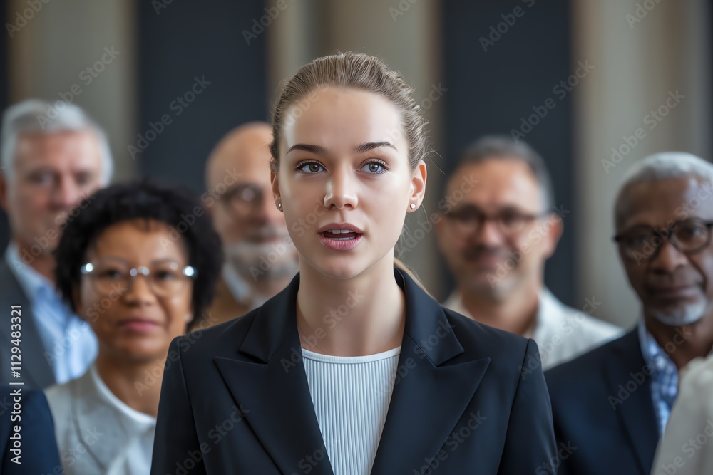 Confident professional addressing group at business meeting. Confident professional addressing group at business meeting.