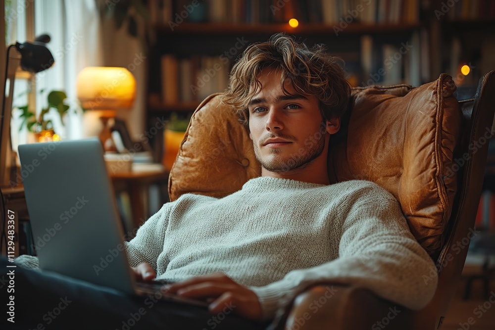 Handsome man working on laptop computer remotely Handsome man working on laptop computer remotely