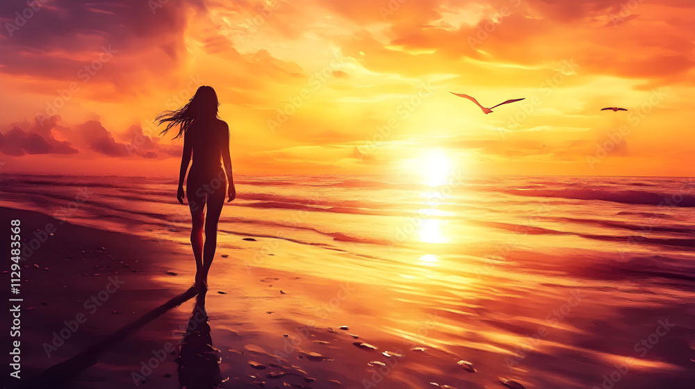 Serene Morning Stroll: A Woman Embraces the Tranquility of the Seaside at Dawn Serene Morning Stroll: A Woman Embraces the Tranquility of the Seaside at Dawn