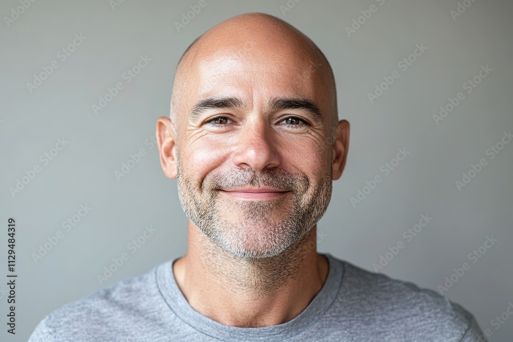 Portrait of middle age bald man on grey background Portrait of middle age bald man on grey background