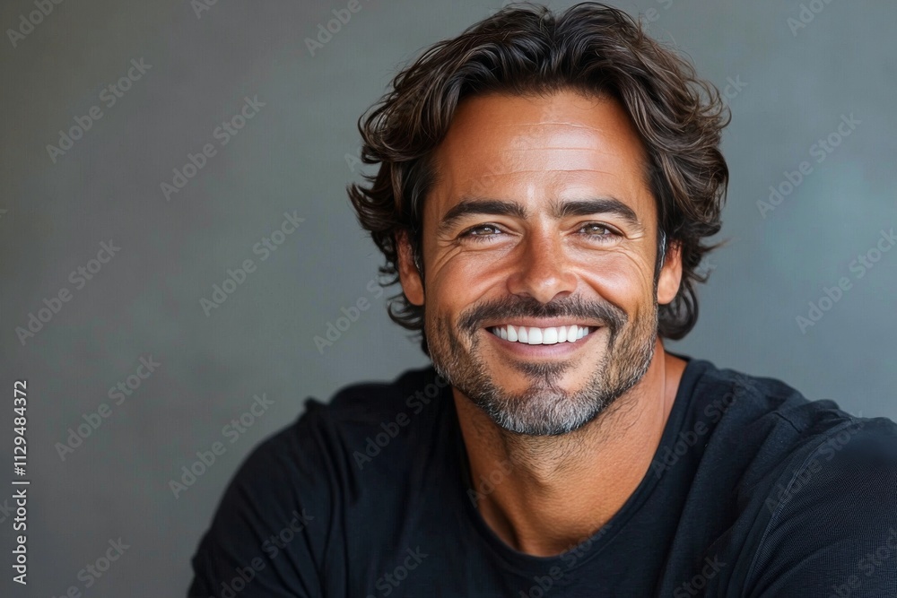 Smiling man with medium length dark hair and a beard sitting against a neutral background Smiling man with medium length dark hair and a beard sitting against a neutral background