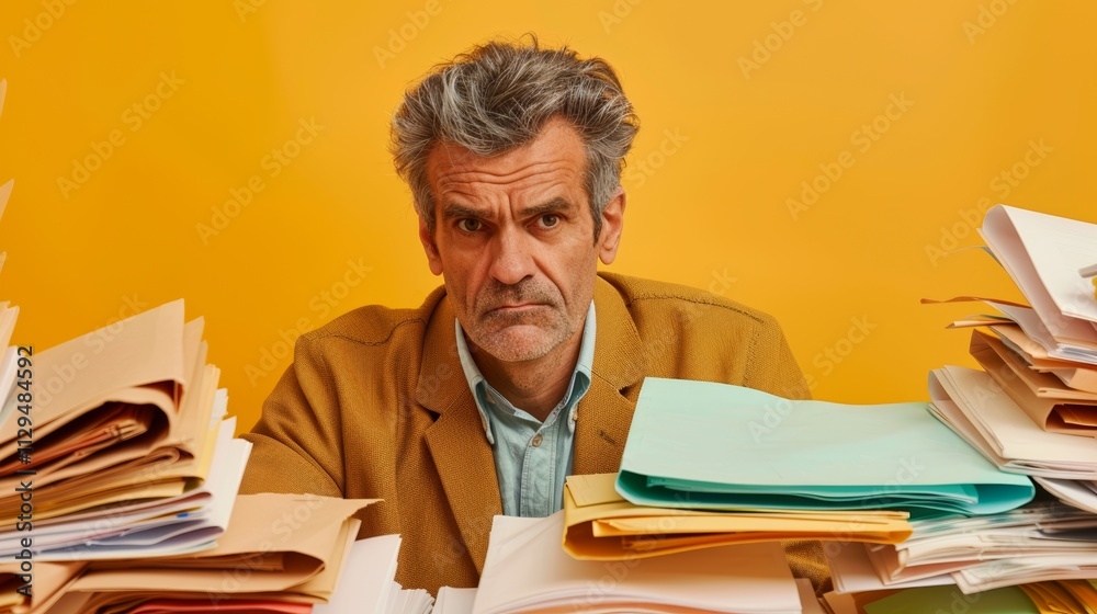 Stressed middle-aged man surrounded by Overwhelming paperwork. Stressed middle-aged man surrounded by Overwhelming paperwork.