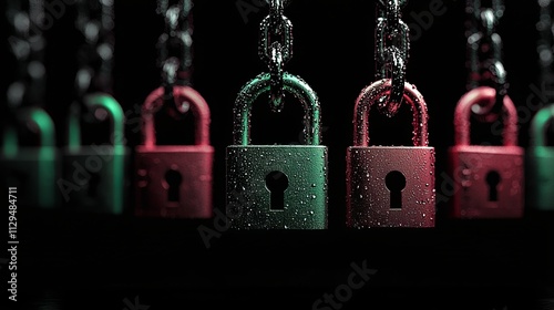 Close-up of colorful locks with droplets, showcasing security and protection themes in a dark setting.