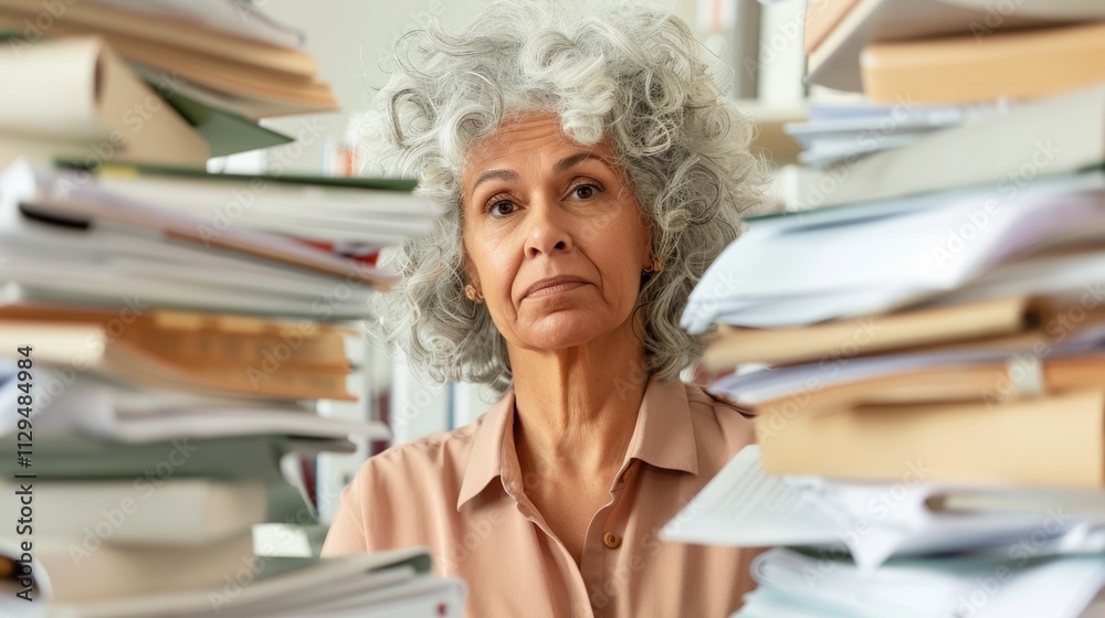 A frustrated female worker in a disorganized office environment. A frustrated female worker in a disorganized office environment.
