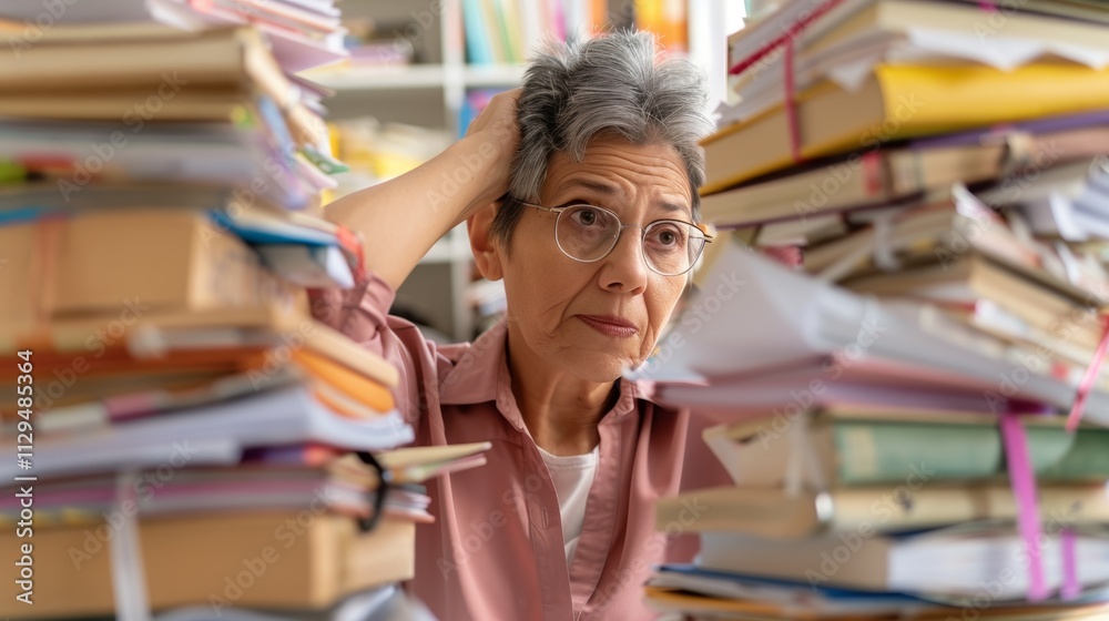 Tired office woman struggling to meet tight deadlines in a messy workspace. Tired office woman struggling to meet tight deadlines in a messy workspace.