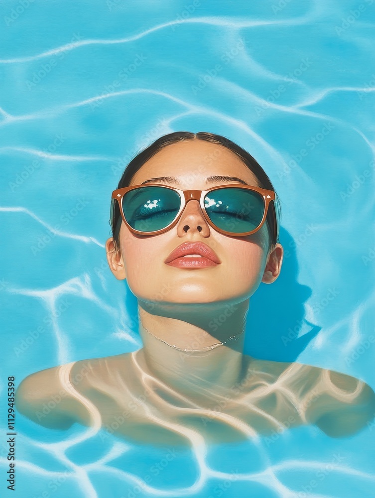 Naklejka premium Summer Poolside Relaxation - Serene woman, sunglasses, pool water, summer sun, tranquil escape.