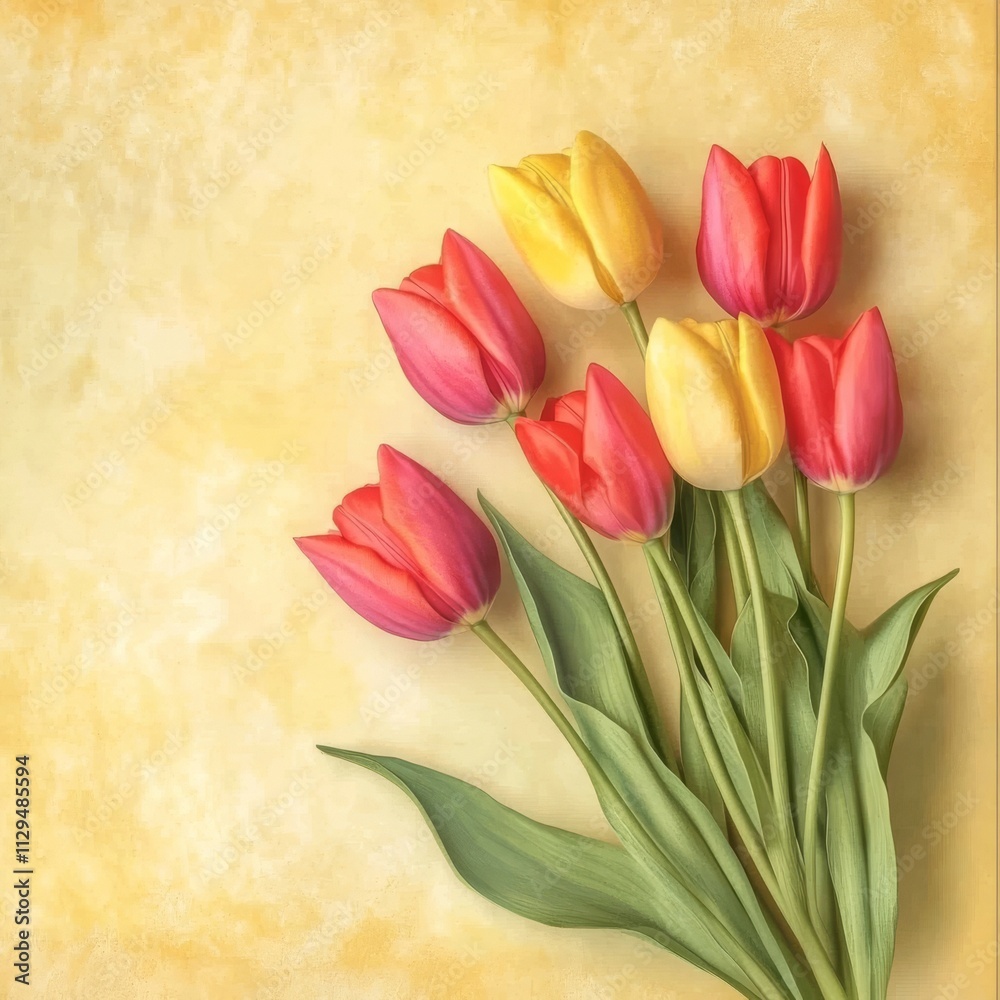 Spring flowers, tulips on yellow, retro card. Spring flowers, tulips on yellow, retro card.