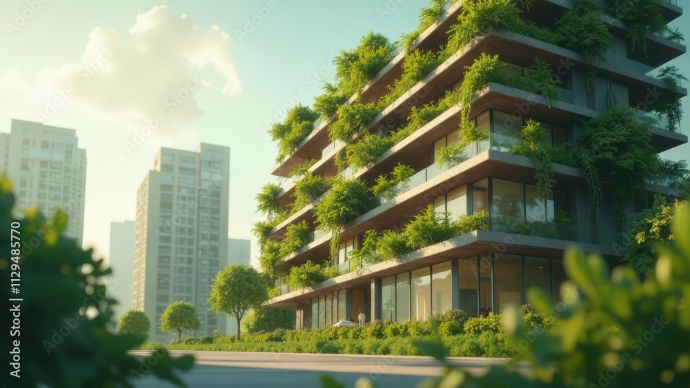 Obraz premium Eco-friendly office building with vertical gardens, solar panels, and rainwater harvesting systems, emphasizing sustainable building practices.