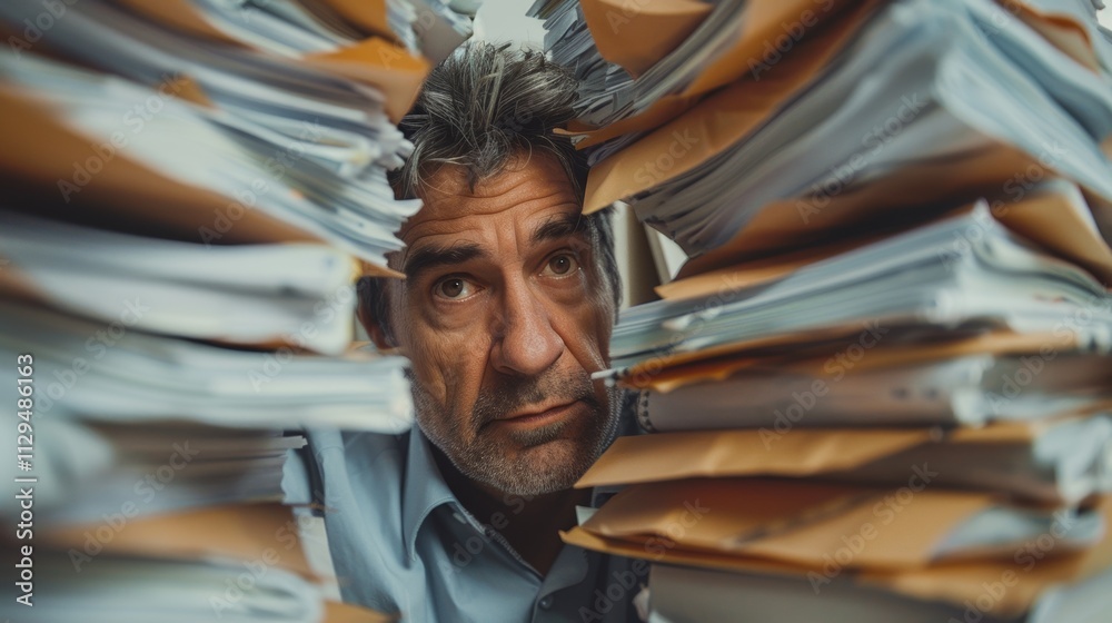 An exhausted professional man surrounded by towering paperwork looks overwhelmed in a busy office environment.