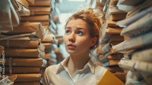 A tired office worker glances at a mountain of documents on her desk. photo