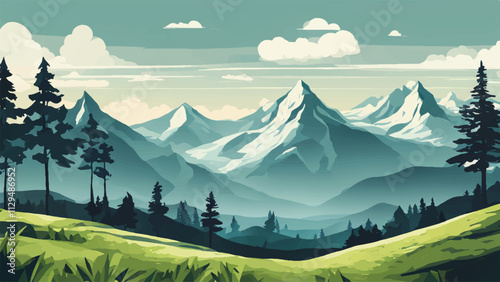 Mountain landscape. Nature landscape. Mountains with beautiful sky. Vector illustration. 