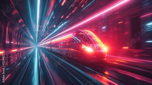 Futuristic high-speed train speeding through neon-lit tunnel. photo