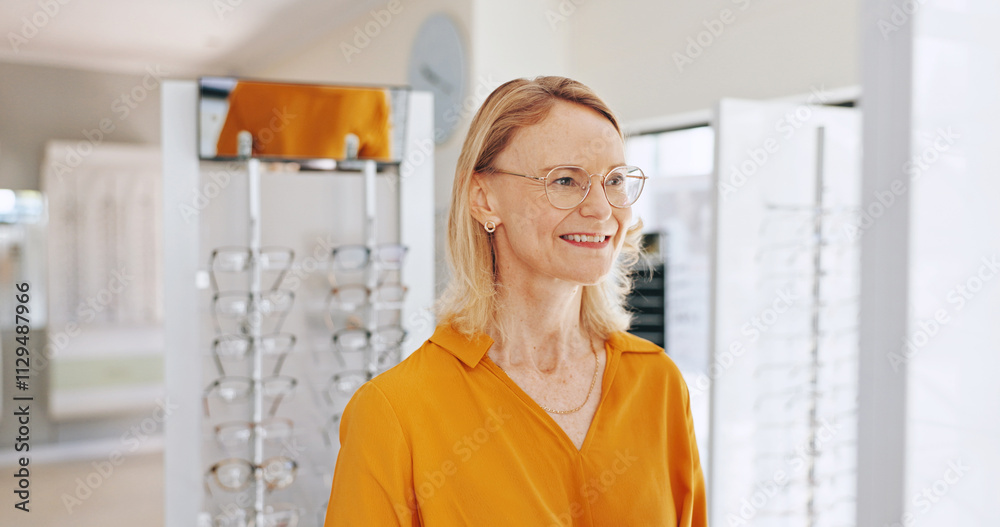 Glasses, frame and mirror with mature woman for eye care, healthcare and optometry. Shopping, lens check and choice with female customer in clinic for ophthalmologist, vision and prescription Glasses, frame and mirror with mature woman for eye care, healthcare and optometry. Shopping, lens check and choice with female customer in clinic for ophthalmologist, vision and prescription