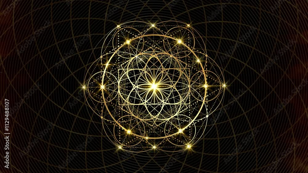 Video animation Flower of Life. Gold Sacred geometry. Loop footage of Mystic icon, luxury mandala, geometric drawing, crop circles, shiny special effects black galaxy background