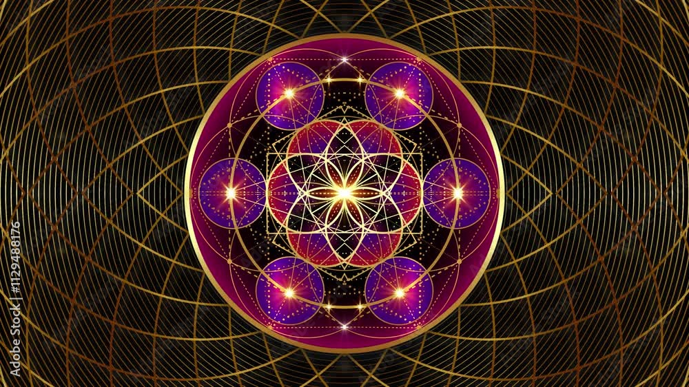 Video animation kaleidoscope Metatron's Cube, Flower of Life. Golden Sacred geometry, graphic geometric torus, black background. Mystic gold icon platonic solids, abstract geometric, crop circle