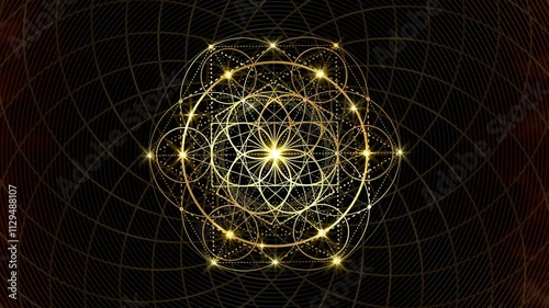 Video animation Flower of Life. Gold Sacred geometry. Loop footage of Mystic icon, luxury mandala, geometric drawing, crop circles, shiny special effects black galaxy background