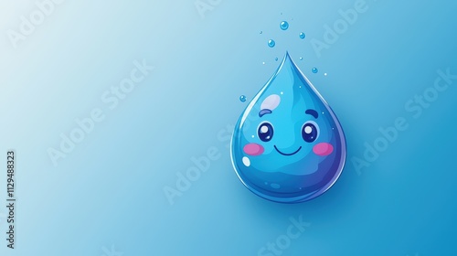 A cute, cartoon-style blue water droplet with a smiling face, surrounded by tiny droplets against a soft blue gradient background.
