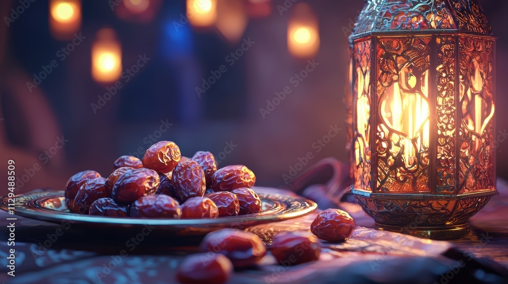 A beautifully lit scene featuring a plate of dates beside a decorative lantern, evoking a warm, inviting atmosphere. A beautifully lit scene featuring a plate of dates beside a decorative lantern, evoking a warm, inviting atmosphere.