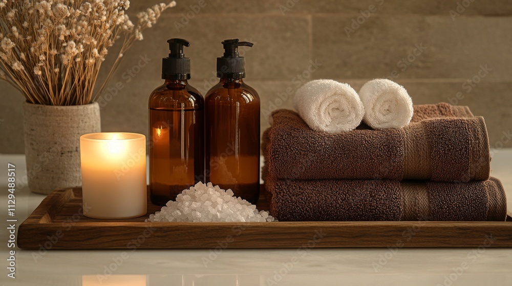 Natural beauty products are displayed on a wooden tray, featuring brown bottles, soft towels, and sea salt. Natural beauty products are displayed on a wooden tray, featuring brown bottles, soft towels, and sea salt.
