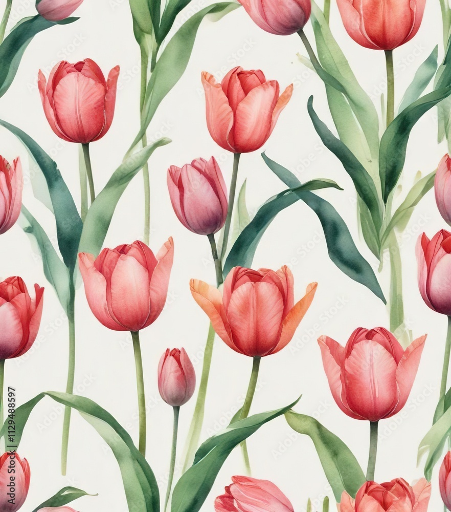 Fototapeta premium Elegant and artistic watercolor tulip design for seamless pattern, white background, pattern, print