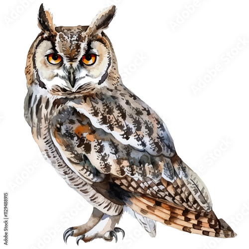A watercolor vector of an owl, isolated on a white background. Owl vector.