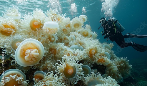 AI generator images of Scuba diving, looking under the sea Found bleached coral, white coral and sea anemones. Caused by hot sea water, global warming.A scuba diver floating in the water