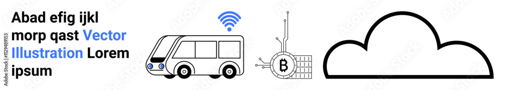 Autonomous bus with wireless signal, blockchain technology symbol, and cloud computing icon. Ideal for smart cities, IoT, connected vehicles, public transportation, blockchain integration, urban Autonomous bus with wireless signal, blockchain technology symbol, and cloud computing icon. Ideal for smart cities, IoT, connected vehicles, public transportation, blockchain integration, urban
