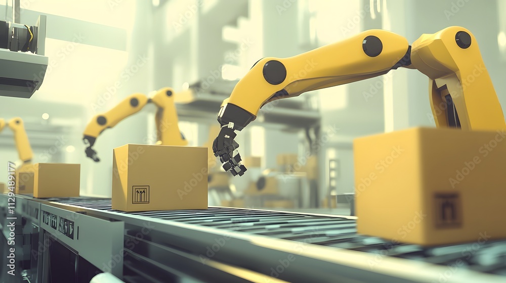 A photo of robot arms in an industrial setting, picking up and placing cardboard boxes on a conveyor belt. A photo of robot arms in an industrial setting, picking up and placing cardboard boxes on a conveyor belt.