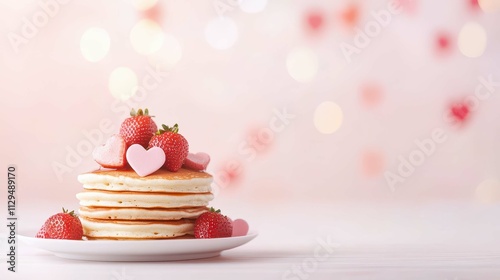 Delicious pancakes stacked high, adorned with fresh strawberries and heart-shaped candies, perfect for a romantic breakfast or celebration in a soft, dreamy ambiance.
