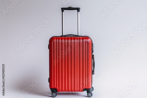 high quality stock photo of single red suitcase on clean white background natural light perfectly illuminates its sleek photo