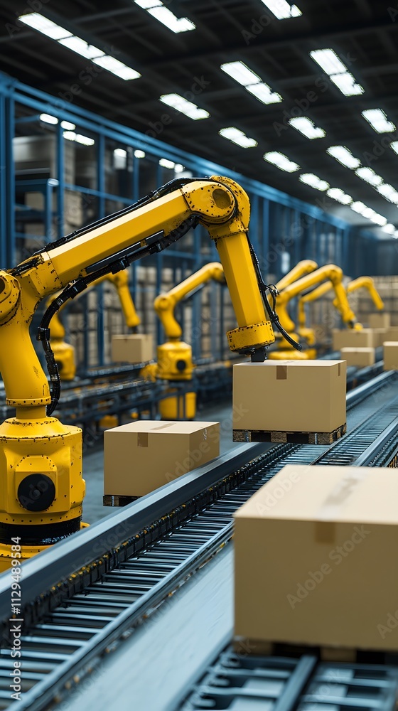 A photo of robot arms in an industrial setting, picking up and placing cardboard boxes on a conveyor belt. A photo of robot arms in an industrial setting, picking up and placing cardboard boxes on a conveyor belt.
