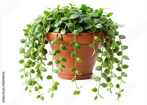 A Dischidia Ruscifolia, hanging in a pot, isolated on white.  Clean botanical image, ideal for indoor plant catalogs. photo