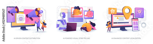 Artificial intelligence content marketing tools abstract concept vector illustrations.