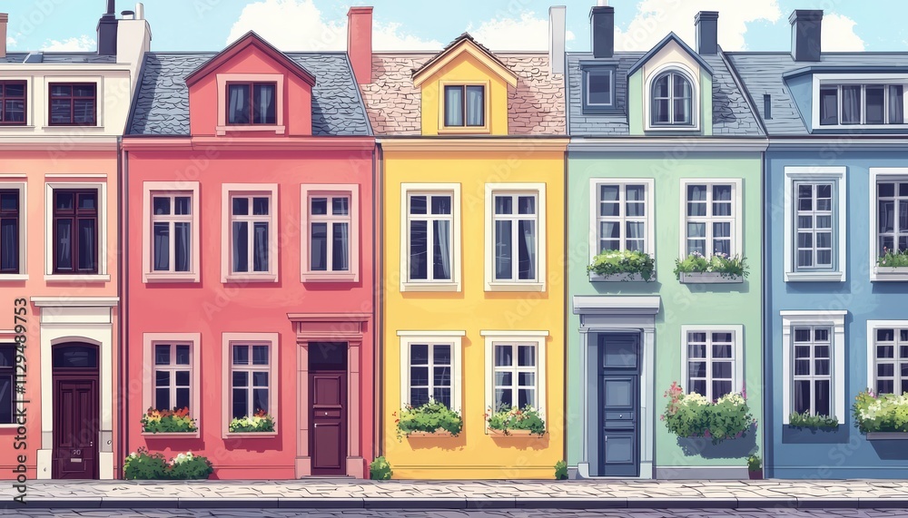 Fototapeta premium A row of colorful, charming houses with vibrant facades and window boxes, showcasing a cheerful urban landscape.