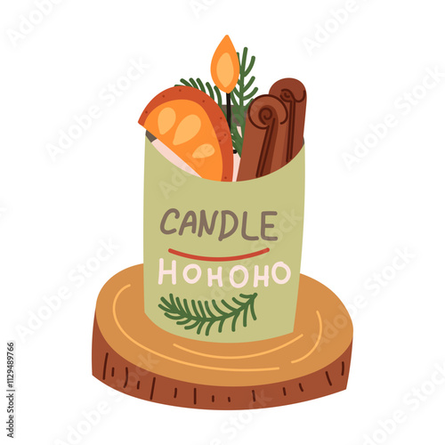 Beautiful candle. Festive home decor. Cozy burning candle for the Christmas holidays. Modern hand-drawn vector illustration. Flat style. Isolated on a white background.