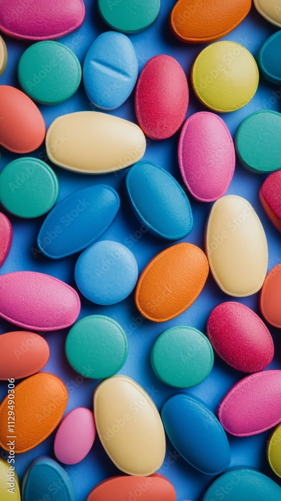 Colorful capsules scattered on a smooth surface creating a vibrant abstract pattern