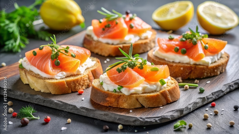 Smoked Salmon and Cream Cheese Crostini with Lemon Zest on Black Slate Plate Smoked Salmon and Cream Cheese Crostini with Lemon Zest on Black Slate Plate
