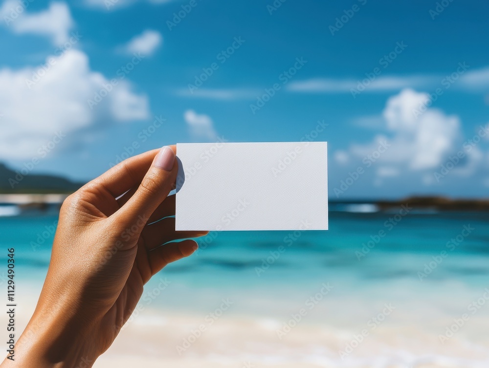 Woman hand holding a blank card with a beach and ocean in the background during the summer.